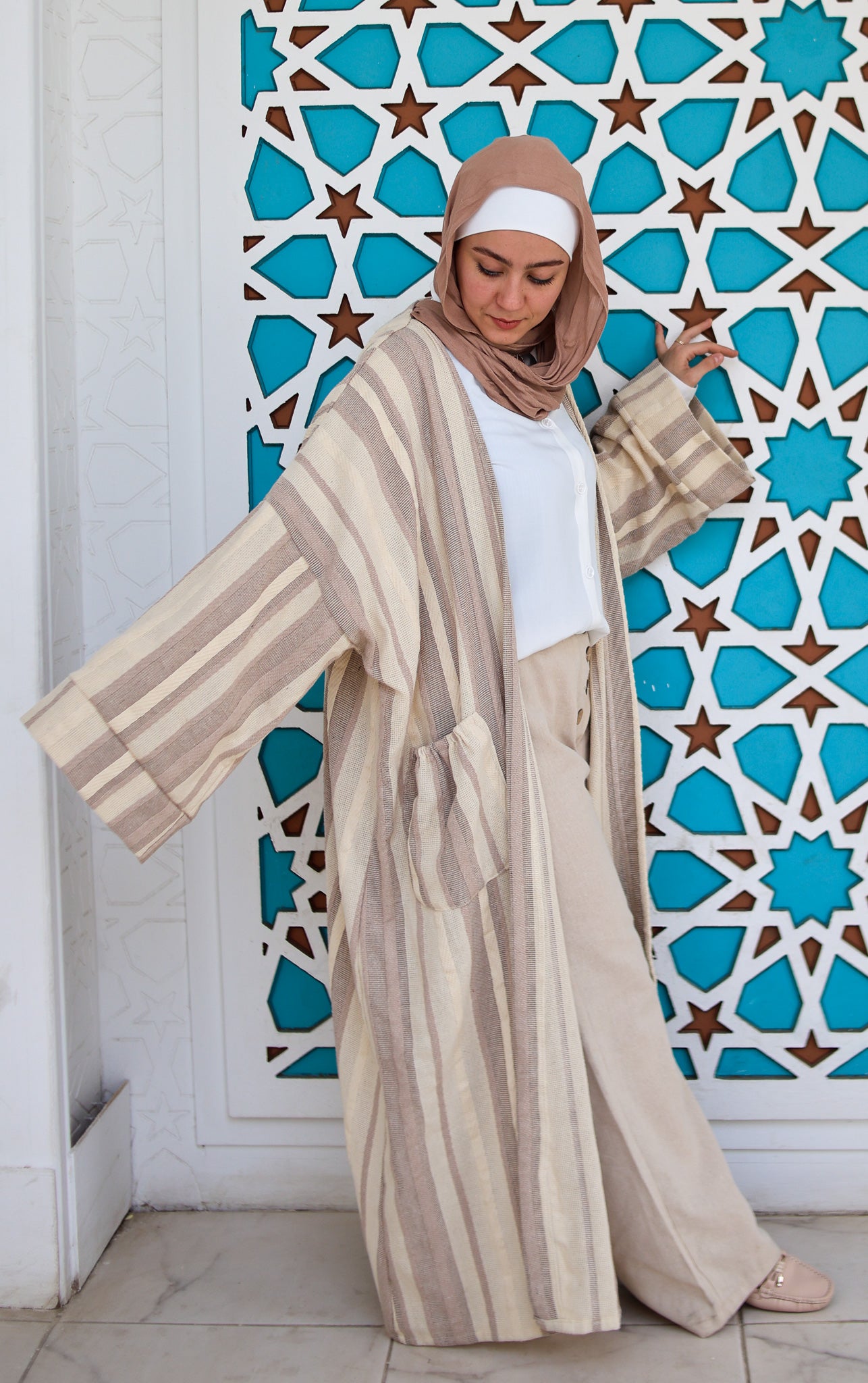 Linen Striped Cardigan- Coffee