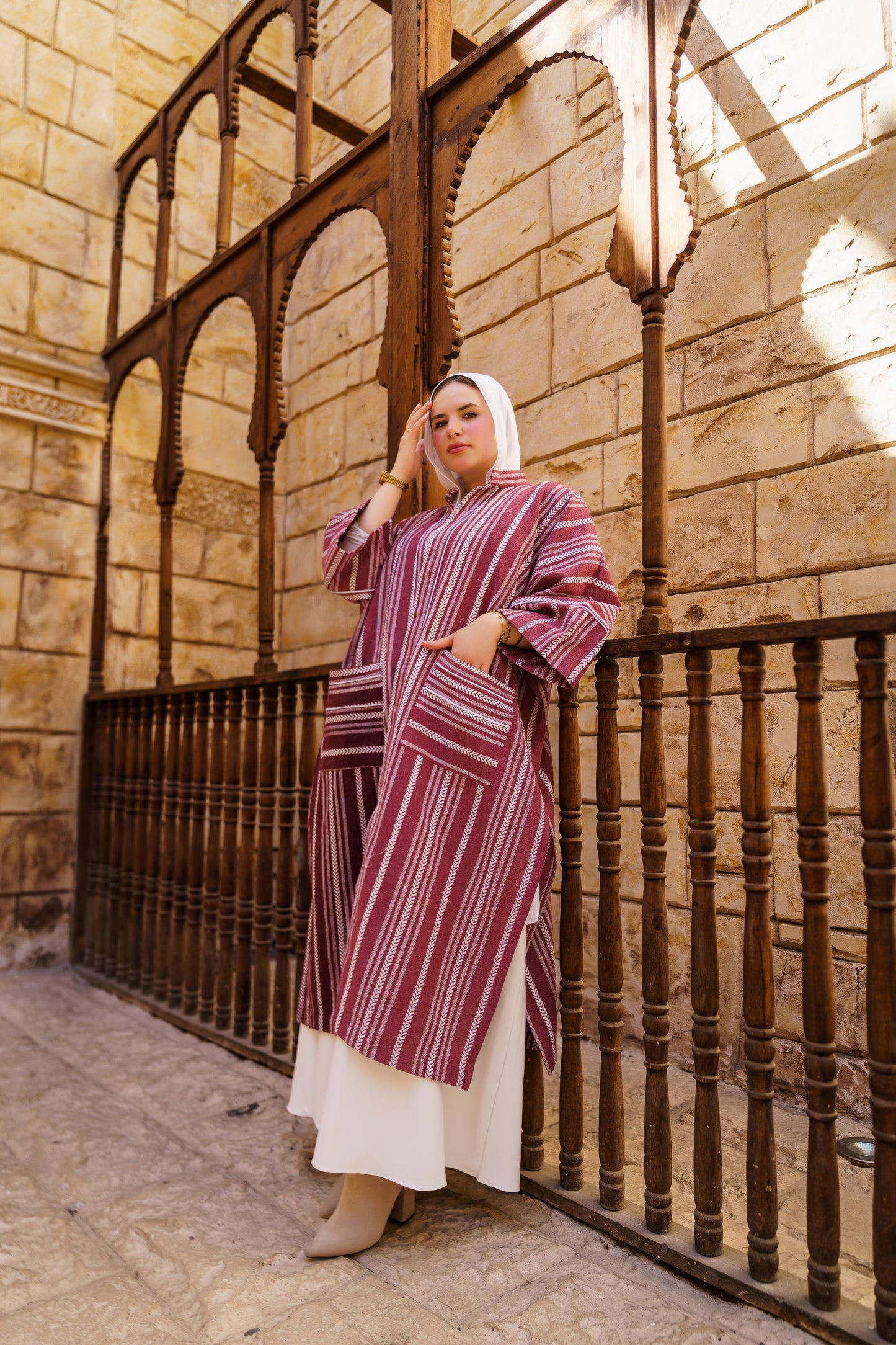 Desert Striped Kaftan-Burgandy