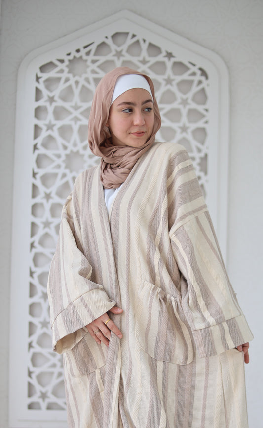 Linen Striped Cardigan- Coffee