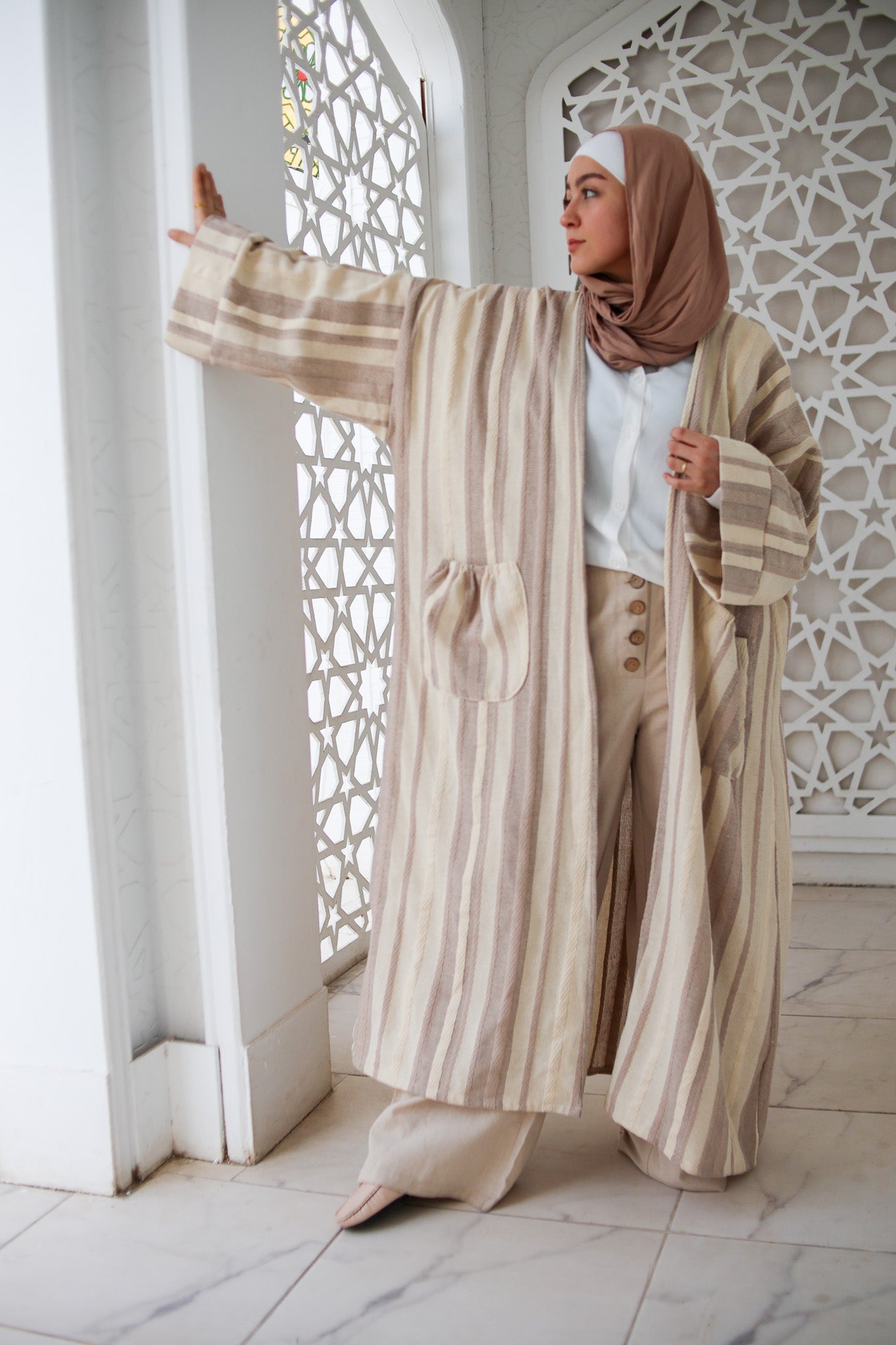 Linen Striped Cardigan- Coffee