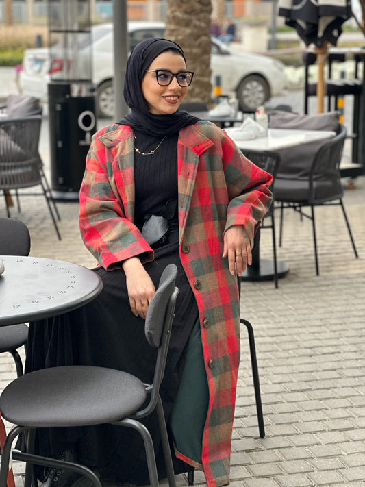 Vintage Vibes Checkered Coat- Red