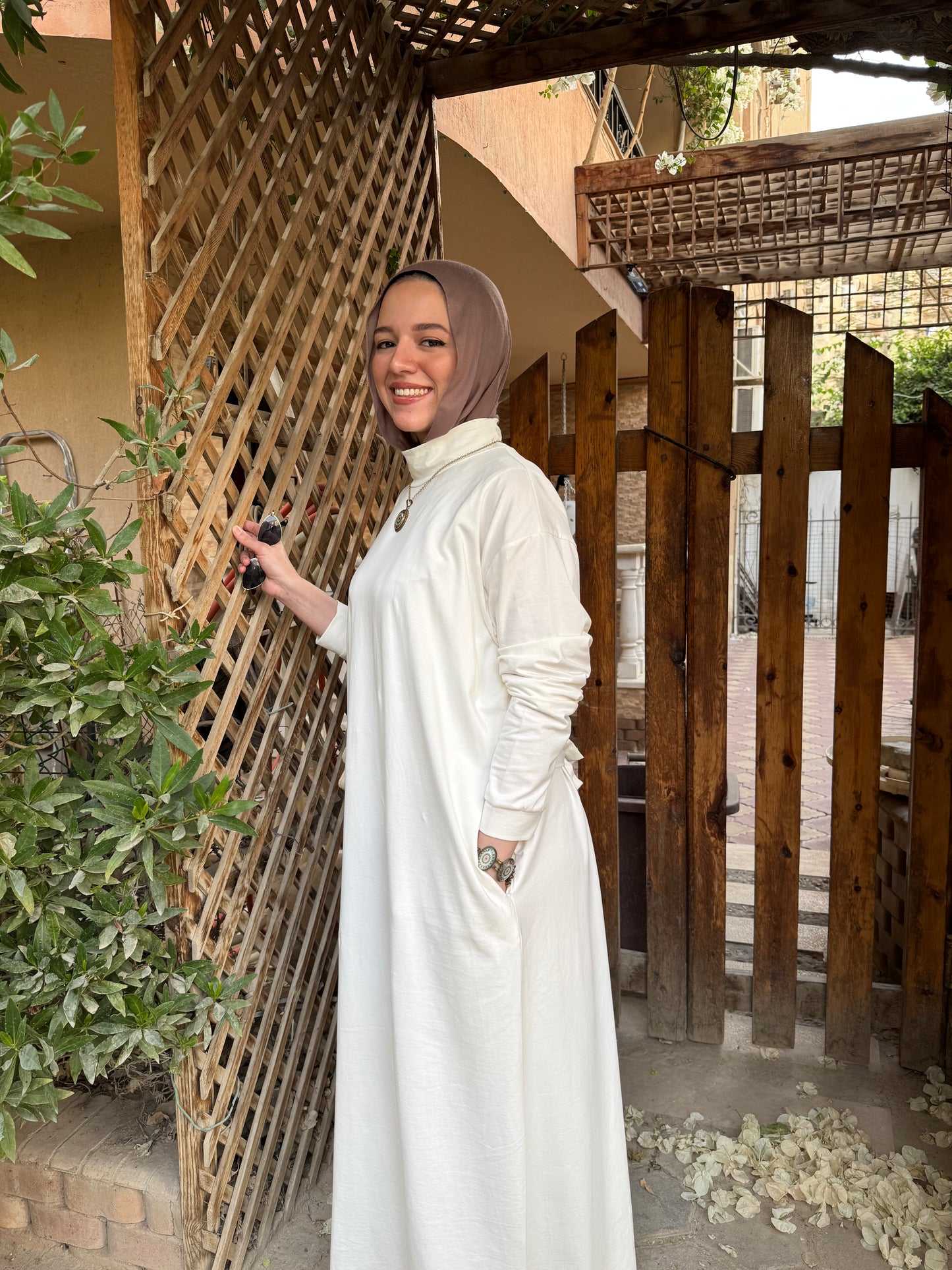 Basic High Neck Long Dress-Off White