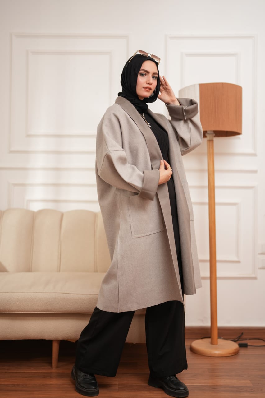 Elegant Two-Tone Wool Coat- Grey