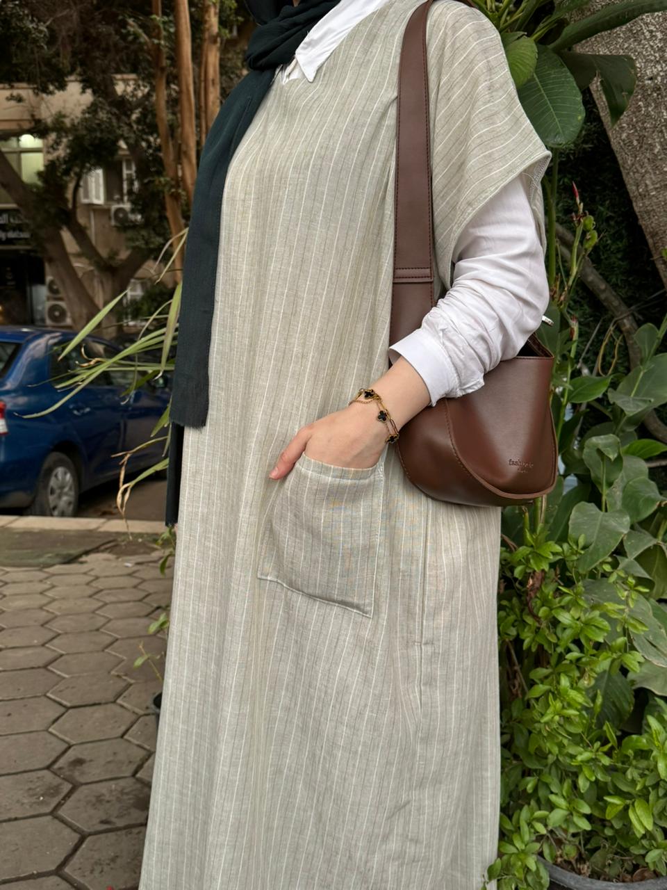 Linen Striped Dress - Light Olive