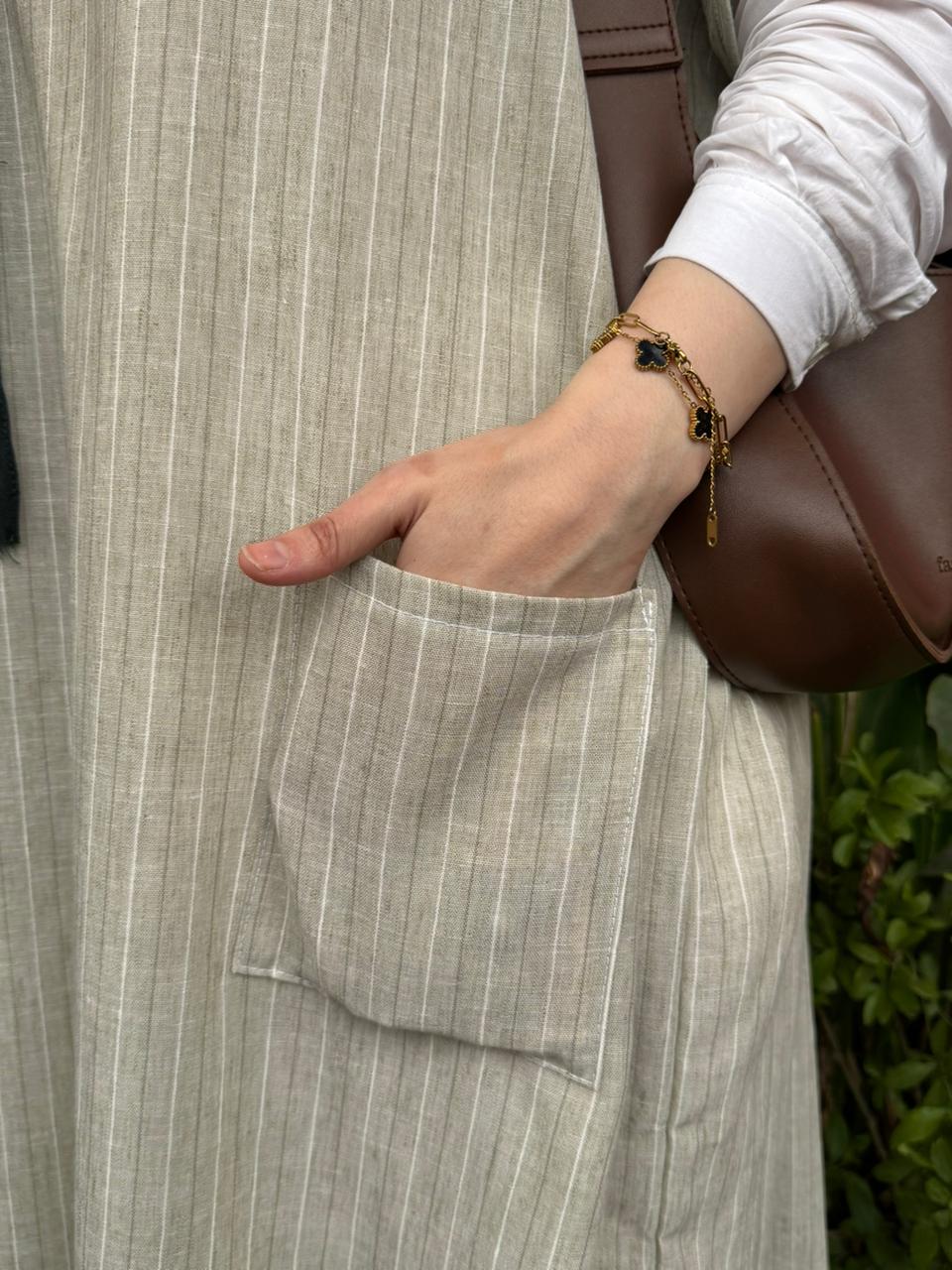 Linen Striped Dress - Light Olive